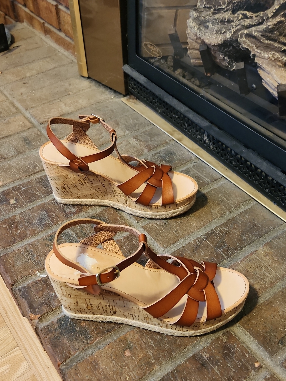 Madden Girl Cork Wedge Summer Sandals Cognac Strappy Vacation